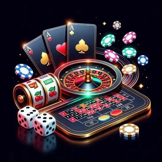 image visualizing player cards, roulette wheel, chips, and dice