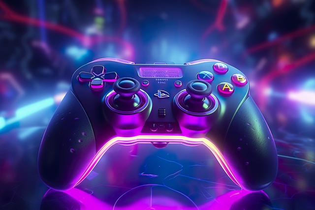 Video game controller with bright neon light streaks. Computer g